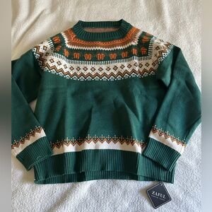 Zaful Forest Green and Orange Patterned Crew Neck Sweater